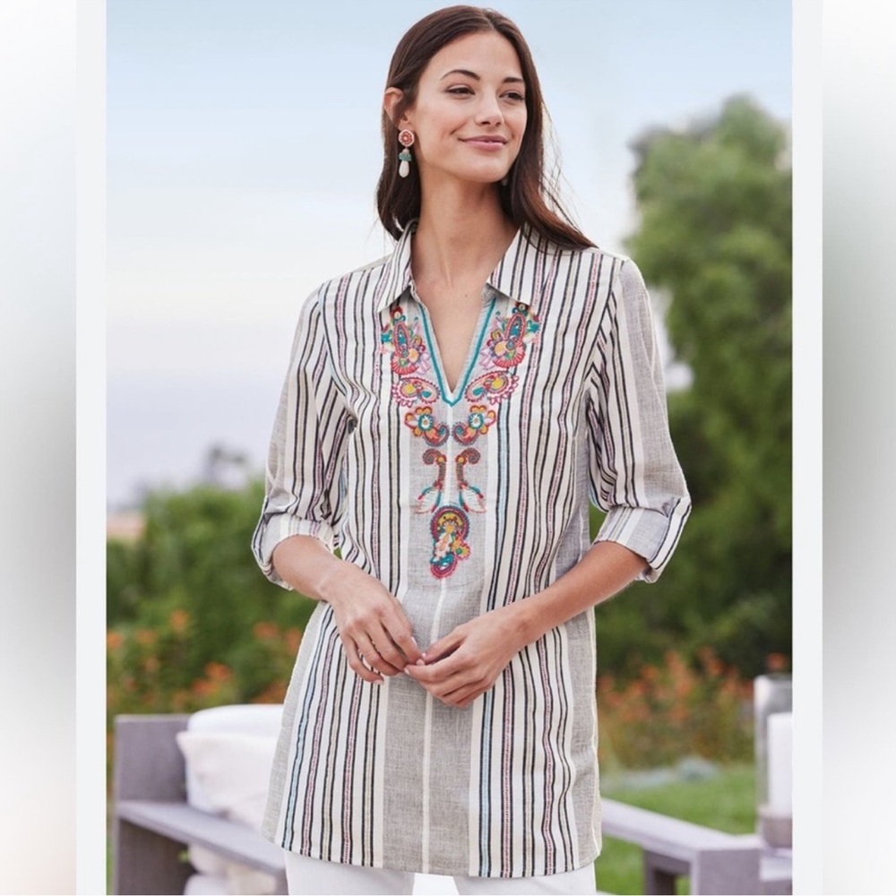 Soft Surroundings Brookhaven Floral Embroidered Striped Tunic NWT XS